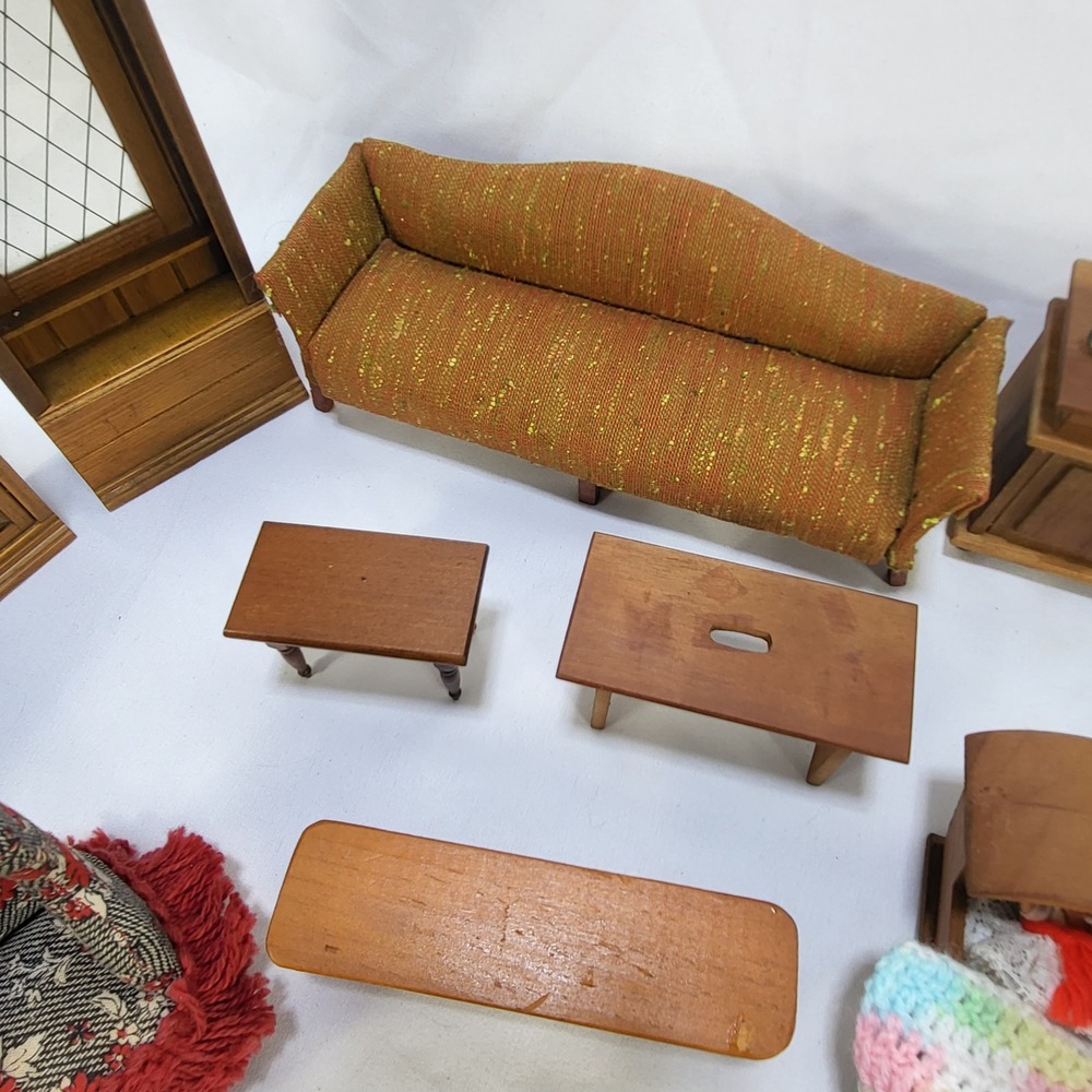 Large Lot VTG Dollhouse Furniture Wooden Miniature Sofa Chairs Fireplace Cradle - Picture 6 of 16